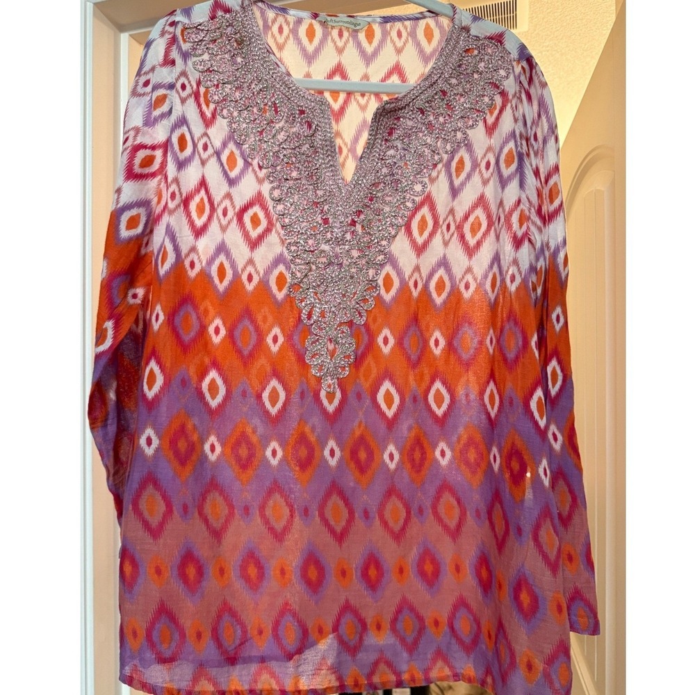 Soft Surroundings Orange Purple Ikat Diamond‎ Metallic Crochet V-Neck Tunic Top